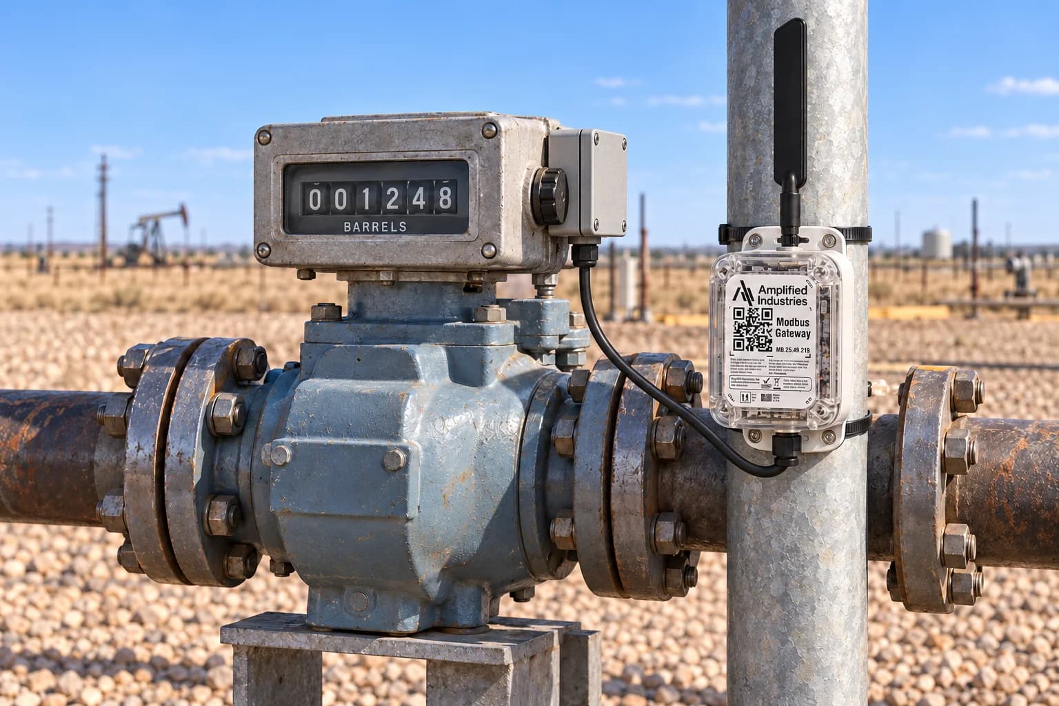 An Amplified Modbus gateway mounted on a steel post beside a LACT positive-displacement meter with a mechanical barrel counter