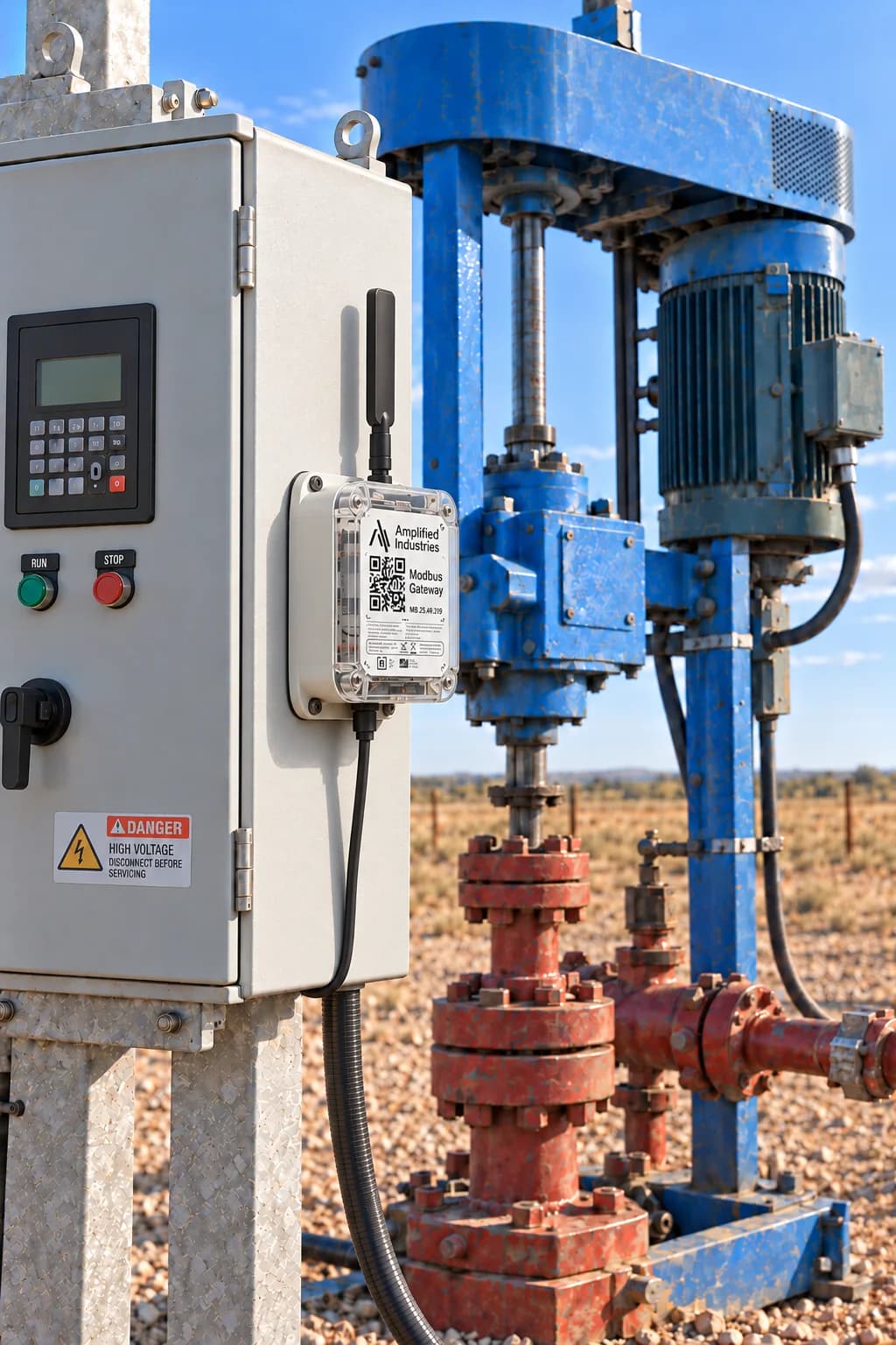 An Amplified Modbus gateway mounted on a drive panel beside a progressive cavity pump drive head and wellhead