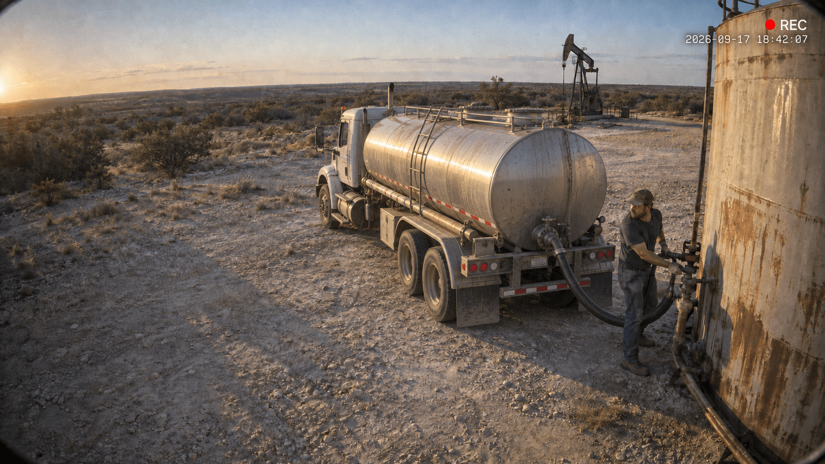 Illustrative security-camera capture of a man looking over his shoulder beside a Texas storage tank, with a transfer hose connected to an oil-hauling tanker truck.