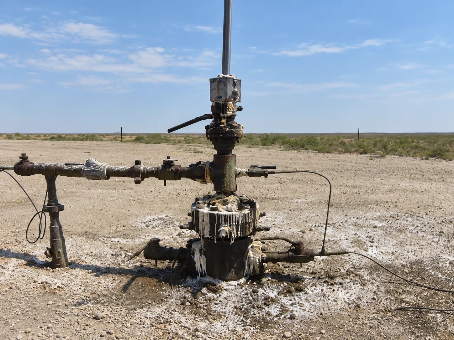 Salt deposits and streaks visible on the wellhead flange.