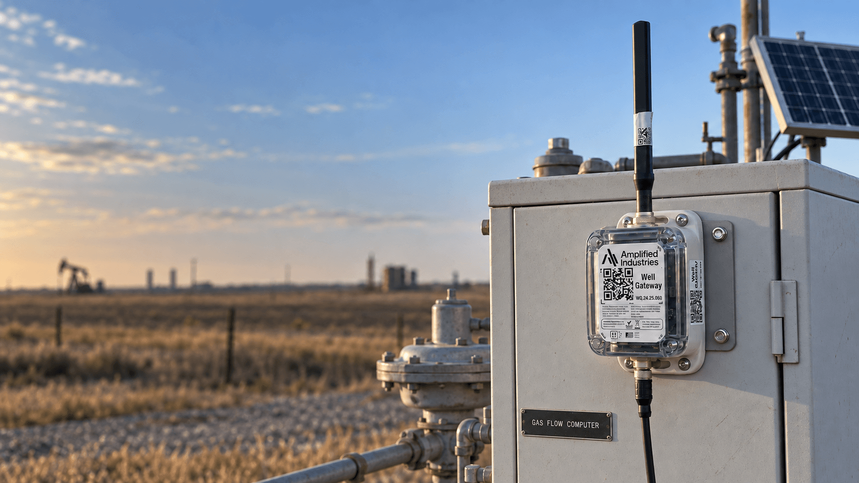Front-facing Amplified Well Gateway mounted on a solar-powered gas flow-computer installation, with its logo visible