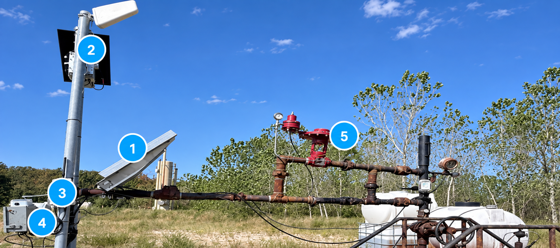 Installed plunger lift system with numbered callouts for the solar kit, gateway, pressure devices, controller, and pneumatic valve